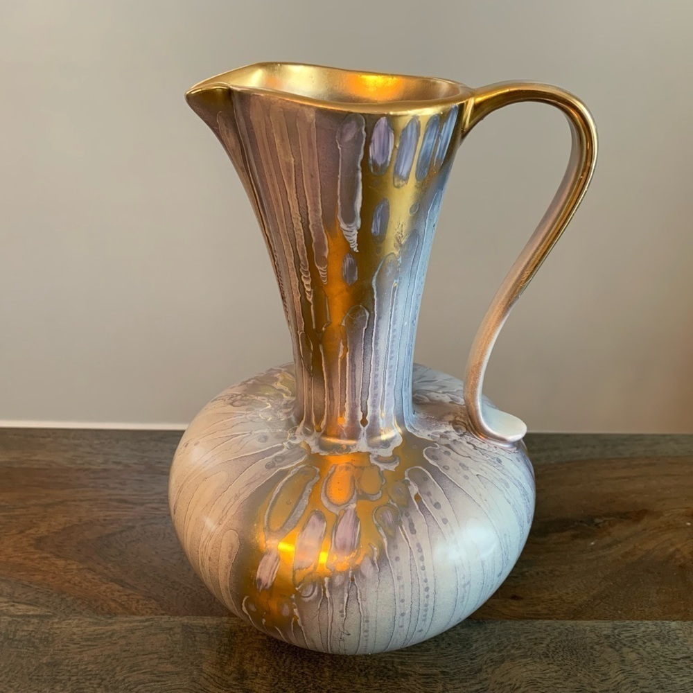 German Pitcher Ewer Vase Stamped Germany Gold Colored Light Grey Vintage